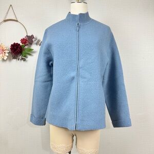 Eileen Fisher Women 100% Boiled Wool Full Front Zip Closure Blue Sweater Small